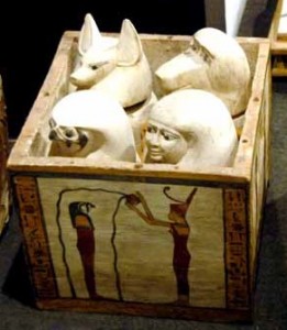 Canopic chest of priest of Montu Pady-Imenet. Neith pouring water on Qebehsenuef, the son of Horus who protected the intestines. XXII Dynasty.Luxor Museum. Ancient Egypt.