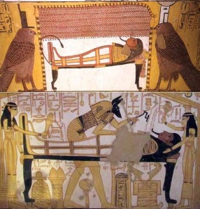 Isis and Nephtys at both ends of the coffin, as kites and as women. Ancient Egypt