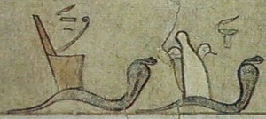 Isis and Nephtys llike cobras in the eleven hour of Te Book of the Amduat. Tomb of Amenhotep III. XVIII Dynasty. Ancient Egypt.