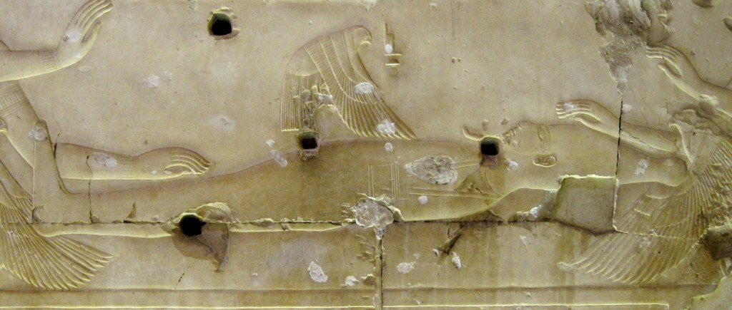 Isis kite over Osiris. Tempel of Sethos I in Abydos. Ancient Egypt.