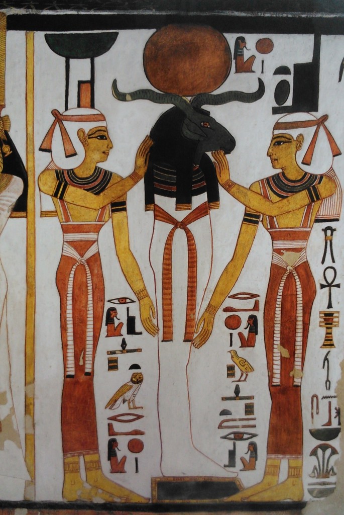Isis and Nephtys with Re-Osiris. Tomb of Nefertari. XIX Dynasty. Ancient Egypt.