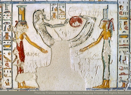Isis and Nephthys with the rising Ositis and Re. Chapter four of the Book of the Cavverns. Tomb of Ramses V-VI. Ancient Egypt. thethebanmappingproject