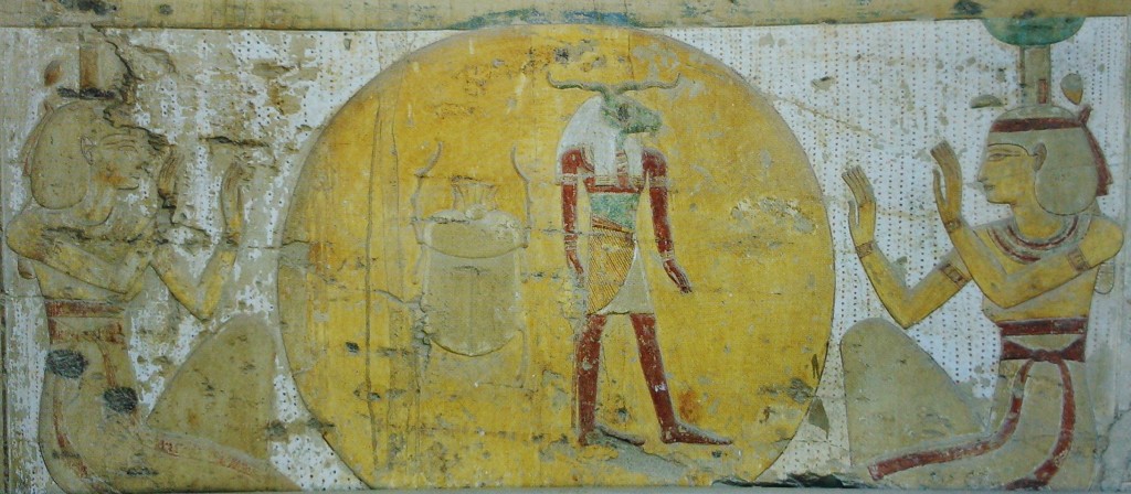 Isis and Nephtys at both side of the sun. Tomb of Merneptah. XIX Dynasty. Ancient Egypt.