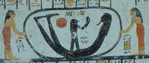 Isis and Nephtys with the corpse of Osiris. Horus is over Osiris. Posthumous conception of Horus. Book of the Earth. Tomb of Ramses V-VI. XX Dynasty. Ancient Egypt