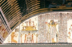 The solar bark worshipped by Thoth and Khepri, this solar element is held by Isis and Nephthys. Book of the Earth. Tomb of Ramses V-VI. Ancient Egypt