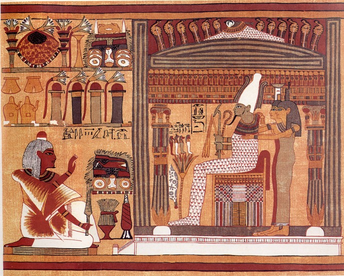Papyrus of Ani. Osiris flanked behind by Isis and Nephthys in superposition. British Museum.Ancient Egypt