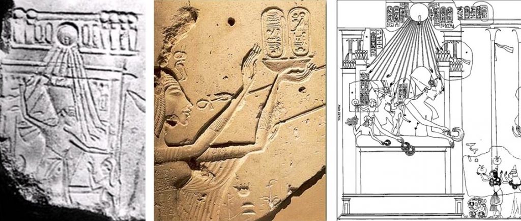 Three images of Queen Nefertiti in different gestures showing her high status. Ancient Egypt