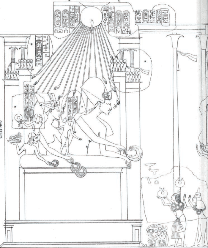 Akhenaten and his family giving the gold of honour to Ay (Tomb EA25).(Davies, 1908, vol. 6, pl. XXIX)